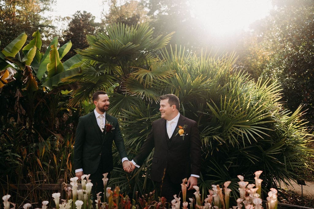Two grooms at North Carolina Botanical Garden